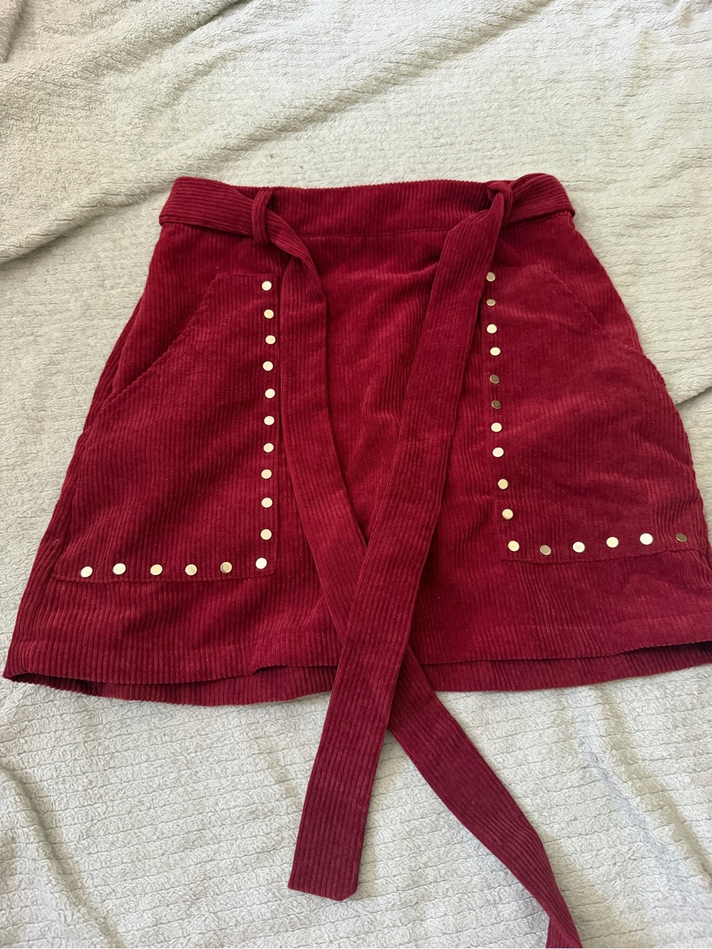 SHEIN Red Corduroy Mini Skirt with Studded Pocket Detail